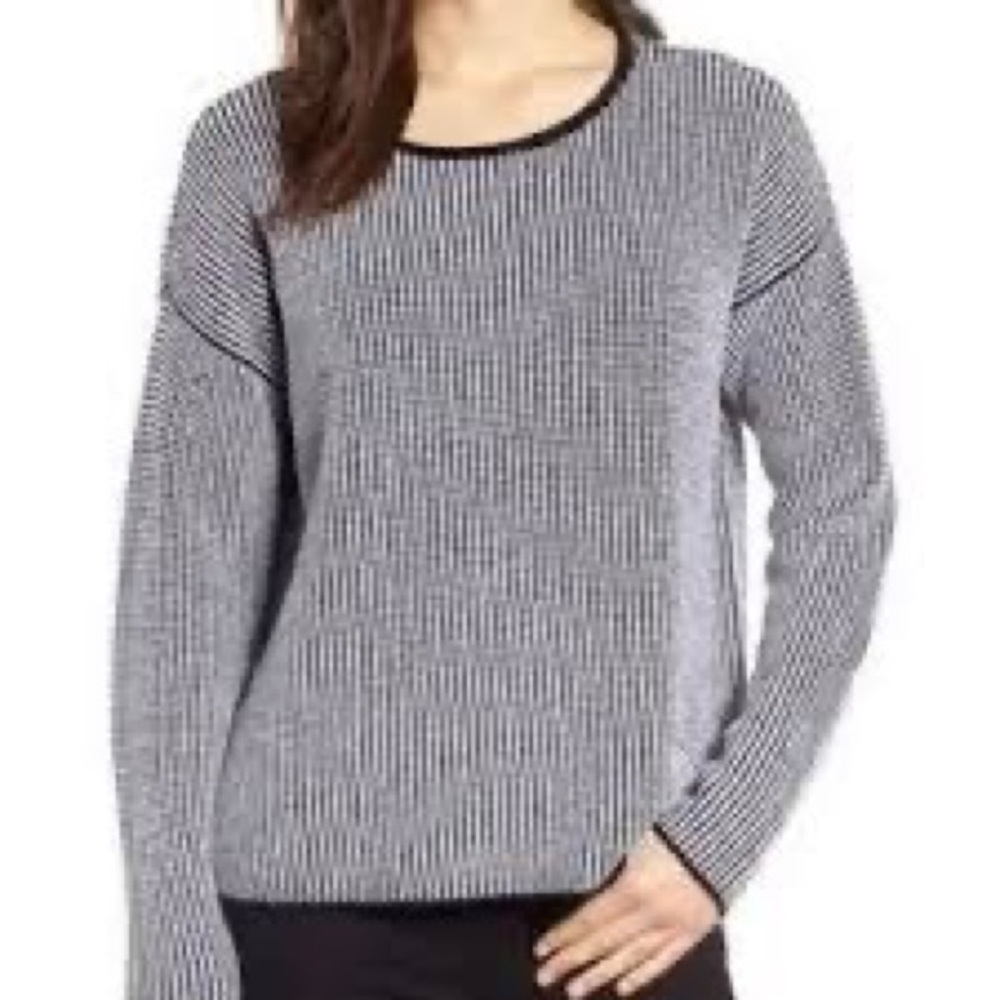 Eileen Fisher | Black & White Organic Linen & Cotton Blend Crewneck Sweater/Top